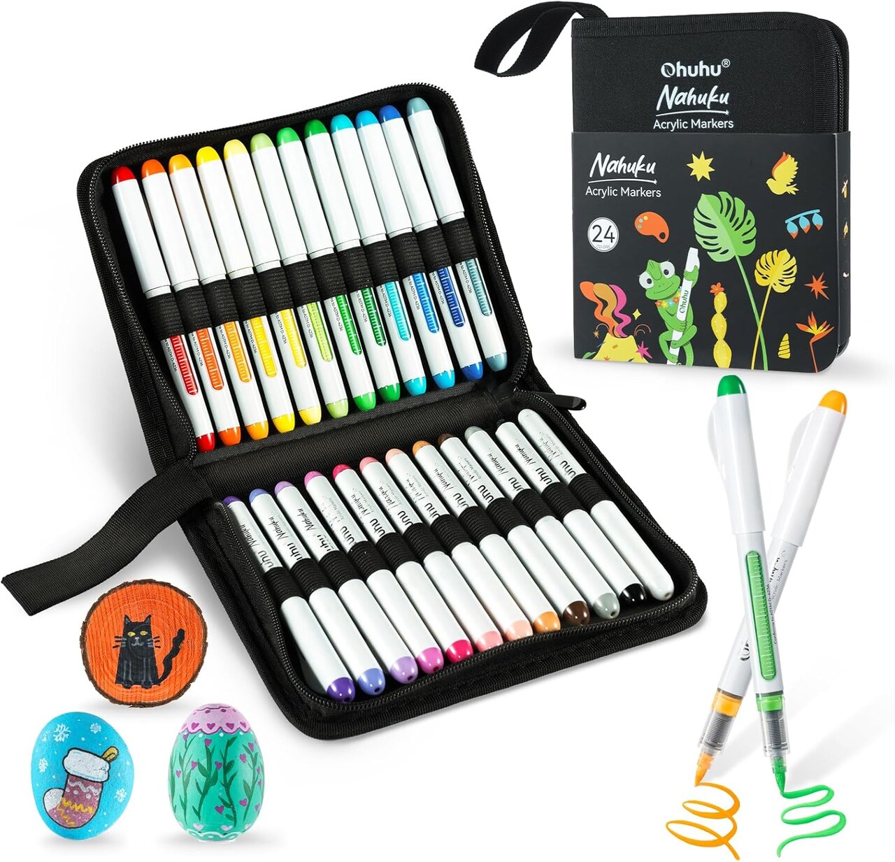 Ohuhu Acrylic Paint Markers Direct Liquid: 24 Colors Flexible Brush Tip Acrylic Markers High Opacity Paint Pens Waterproof Lightfast for Rock Painting Easter Eggs Wood Glass Ceramic Canvas - Nahuku